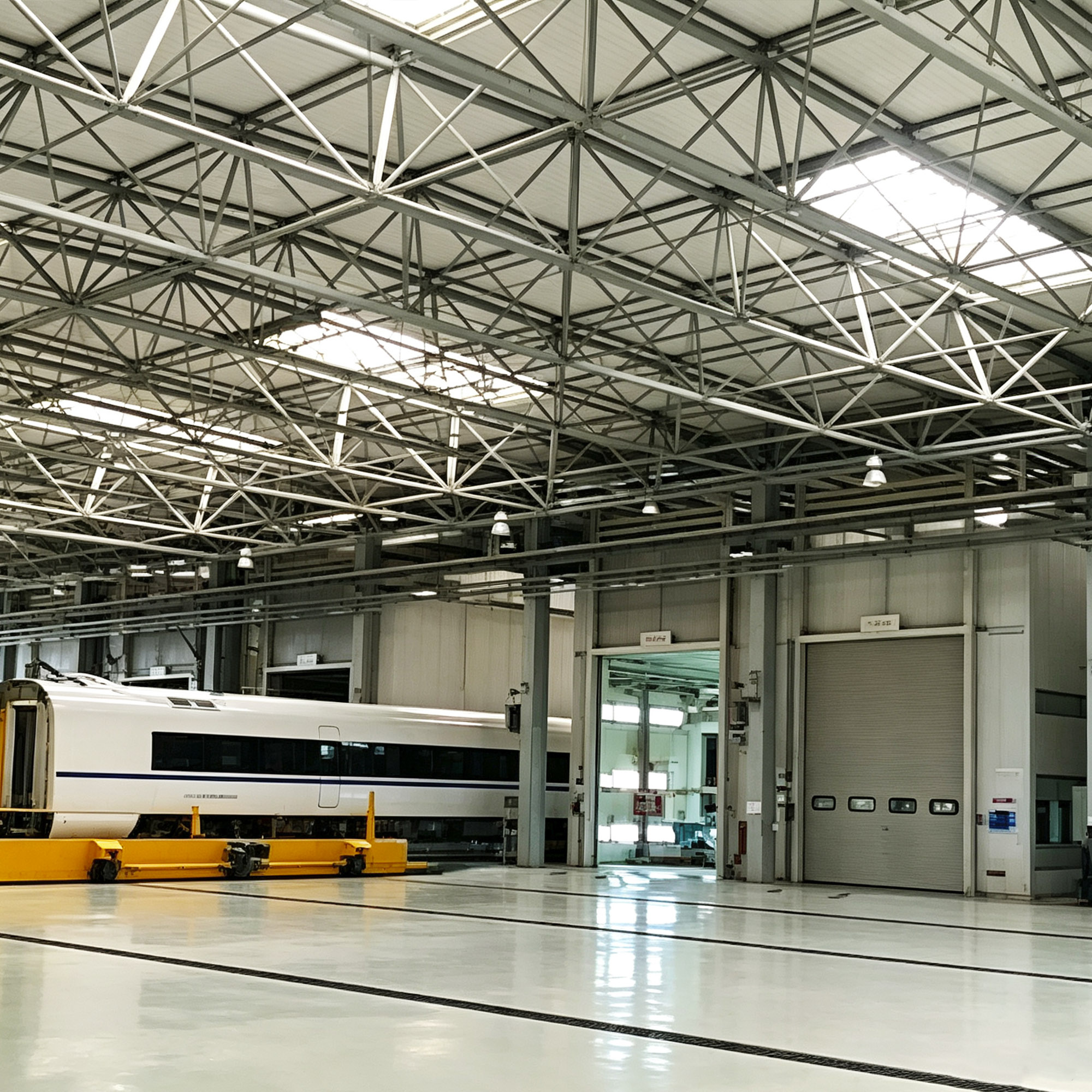 High-speed rail vehicle positioned inside a maintenance and coating workshop bay